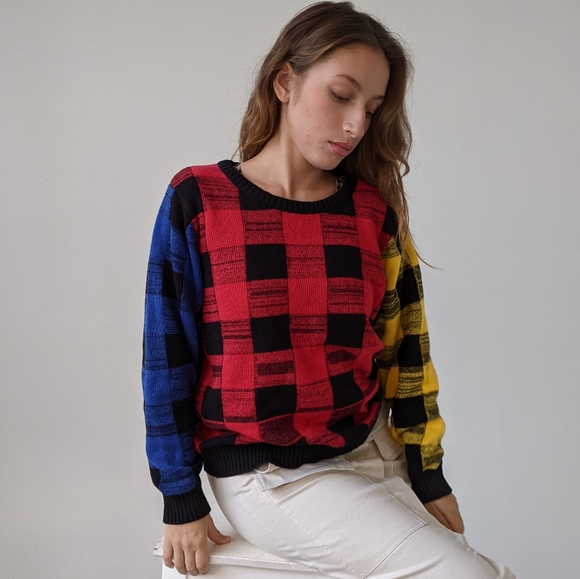 Minkpink colorful plaid knit crew neck sweater - Picture 3 of 4